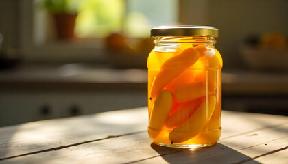 Yellow Peppers in Glass Jar on Table.
