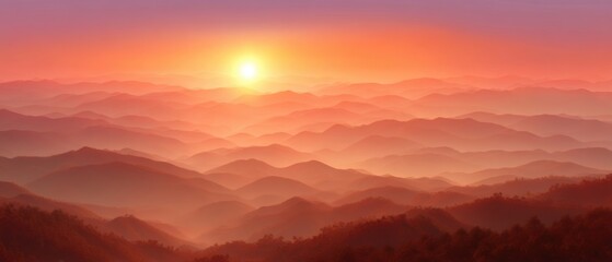 Obraz premium A stunning sunrise over vast, layered mountains, casting a warm glow across the horizon, creating a serene and tranquil atmosphere.