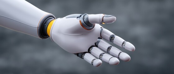 A close-up of a robotic hand showcasing advanced technology and design, emphasizing its intricate mechanics and futuristic aesthetics.