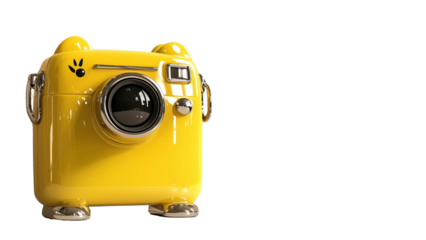 Png of A vibrant yellow compact camera with a playful design, featuring rounded edges and adorable paw print details.