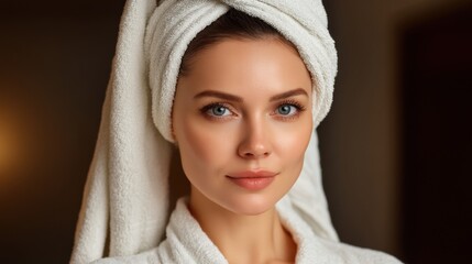 Obraz premium A serene portrait of a woman with a towel on her head, exuding a fresh and relaxed vibe, perfect for beauty and self-care themes.