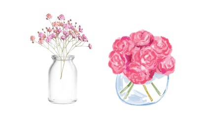 Two elegant flower bouquets isolated on a white background, perfect for wedding invitations, greeting cards, or floral-themed design projects.