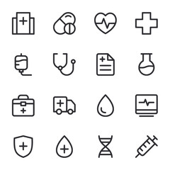 A set of medical icons including a stethoscope, a syringe
