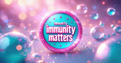 Bright image promotes immunity awareness. Bubbles, sparkles create vibrant, positive health message. Pink, purple hues dominate composition.