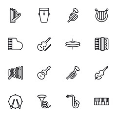 A set of musical symbols including a harp, a tambourine, a maraca, a marimba