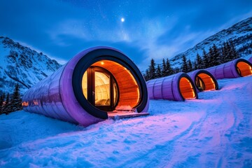 A stunning ice dome igloo village, glowing under the Northern Lights in a frozen wonderland
