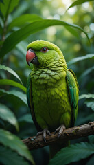 Vibrant green parrot perched serenely on branch soft sunlight filters through lush foliage. AI Generated