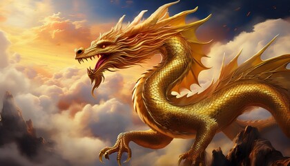 Fototapeta premium 運気がアップしそうな空を飛ぶ金色の龍のイラスト。背景は夕日と雲。AIで生成 