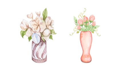Two elegant flower bouquets isolated on a white background, perfect for wedding invitations, greeting cards, or floral-themed design projects.