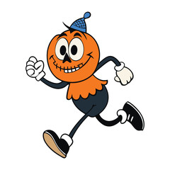 A goofy Halloween character in a wild sprint—arms flailing, wide-eyed, dressed in a mismatched costume with silly props, fleeing spooky chaos in hilarious panic!