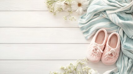Pregnancy background with maternity clothes and baby shoes.