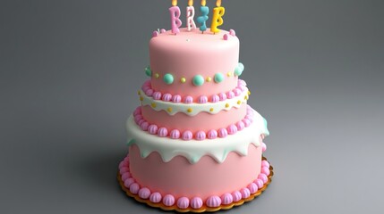 a visually delightful three-tiered birthday cake with vibrant pastel decorations and playful candle arrangements set against a simple background for celebrations