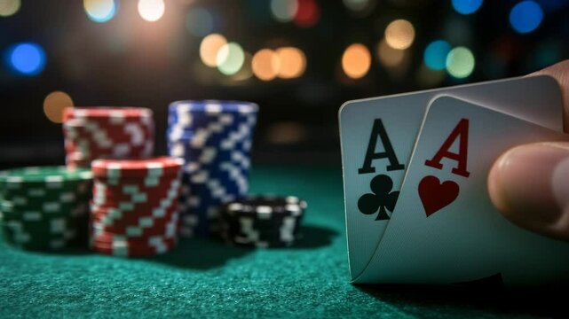 Hand reveals two aces and chips in poker game