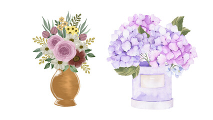 Two elegant flower bouquets isolated on a white background, perfect for wedding invitations, greeting cards, or floral-themed design projects.