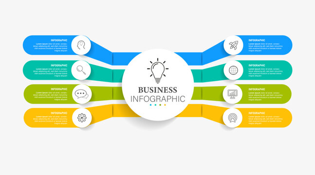 infographic template with integrated circles. Business concept with 8 options. For content, diagram, flowchart, steps, parts, timeline infographics, workflow, chart.