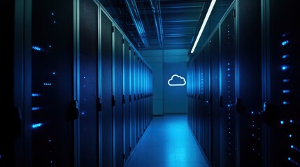 Cloud server room, data center, blue lights, network infrastructure, digital technology