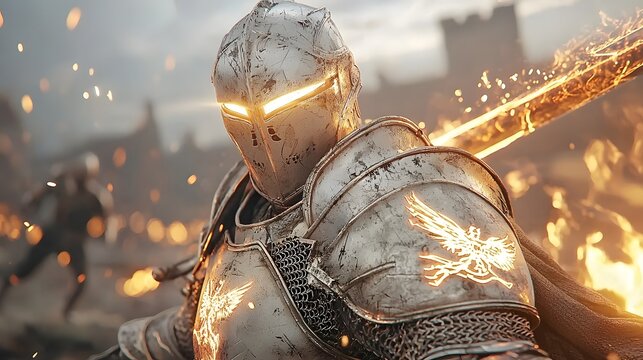 Fototapeta Fiery Knight in Medieval Battle  Glowing Armor and Flaming Sword