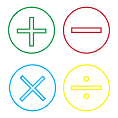 Set of Math icons. Colorful variety arithmetic plus, minus, equal, multiply and divide signs isolated on white background. Vector design elements.