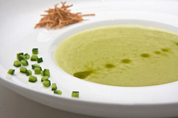 Poblano chile soup. Cream of poblano chile. Mexican food, vegetarian cuisine, close-up, food