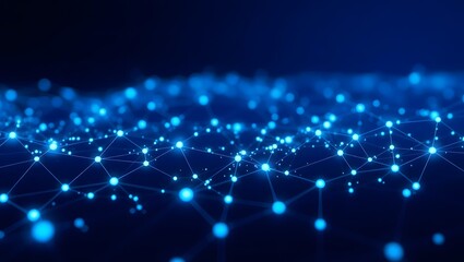Fototapeta premium background Futuristic 3D digital network of glowing blue nodes on dark background