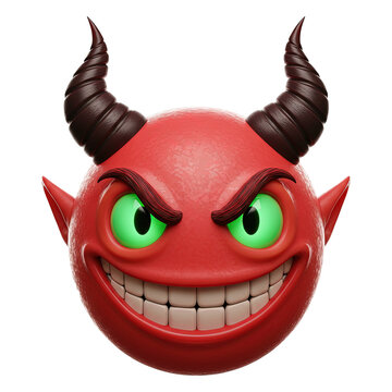 3D Red Devil Emoji With Horns, Green Eyes, Smiling Mischievously