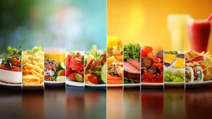 Diverse Cuisine Collage Restaurant Menu, Food Photography, Varied Dishes, Tabletop, Background Blur