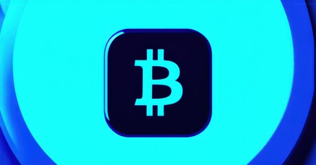 Fototapeta premium Futuristic dark blue and cyan cryptocurrency news app icon with bitcoin symbol and chart trend realistic detailed glossy style round square shape modern app icon bold vibrant col