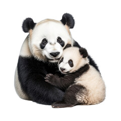 Mom panda nurturing her adorable baby panda against a clean Transparent background, panda mom and baby panda isolated on PNG background