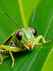 Fototapeta premium Detailed macro image of grasshopper mouthparts positioned against a vibrant green leaf, showcasing the complexity of its anatomy and texture in the natural world. Macro animal.