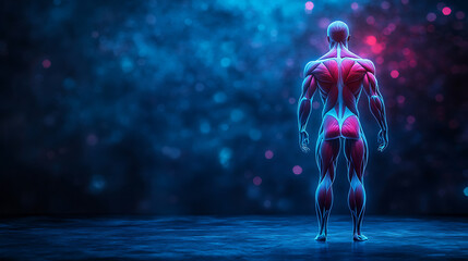 Obraz premium Anatomical Illustration Of Human Muscle Structure And Tissue Showing Muscular System With Pink And Blue Glow,Back View,On Dark Abstract Background