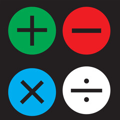 Fototapeta premium Set of Math icons. Colorful variety arithmetic plus, minus, equal, multiply and divide signs isolated on white background. Vector design elements.