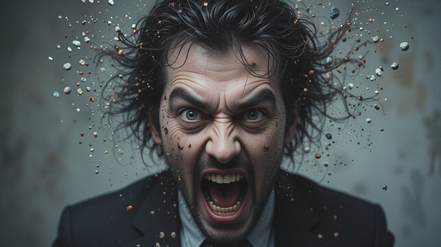 Man or person with emotion of Madman, psycho, crazy, meltdown, lose it, insane.