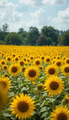 Obraz premium Vibrant yellow sunflowers bask in soft sunlight extending to a tranquil green horizon. AI Generated