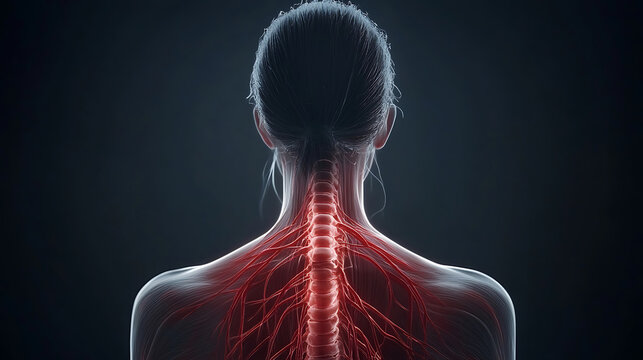 Anatomy Of The Human Spine And Nervous System Illustration Showing The Cervical Vertebrae And Nerve Connections In Detail For Medical Educational Use