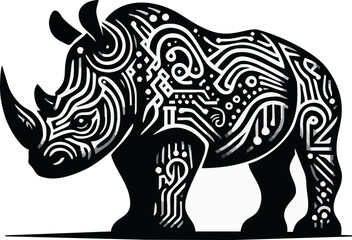 Black and white illustration, rhinoceros silhouette, intricate tribal patterns, swirling lines, geometric designs, bold contrast, detailed texture, ornate body art, stylized animal art, zentangle-insp