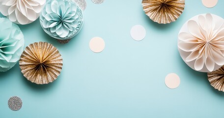 Obraz premium Pastel paper decorations on a light blue background