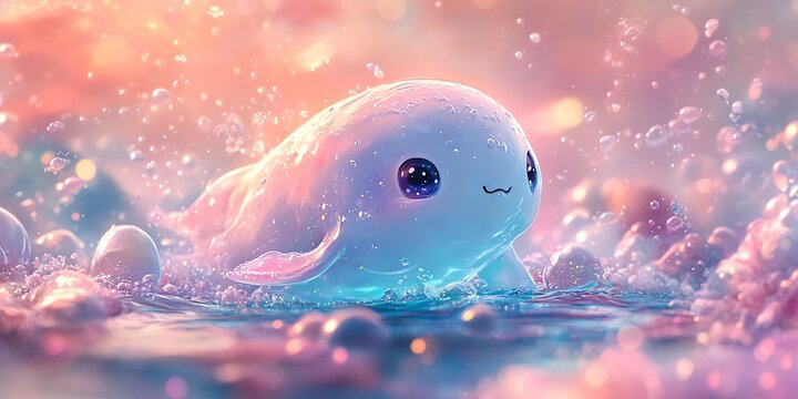 Cute Blob Creature Floating in Water with Pastel Bubble Background