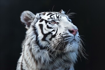 Obraz premium White tiger, black background, symmetrical portrait, looking at camera, high resolution.