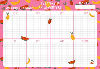 Weekly planner template with illustrations of bananas, strawberries, and lemons on a plain shock pink background. Cute fruit illustrations for a weekly activity schedule	
