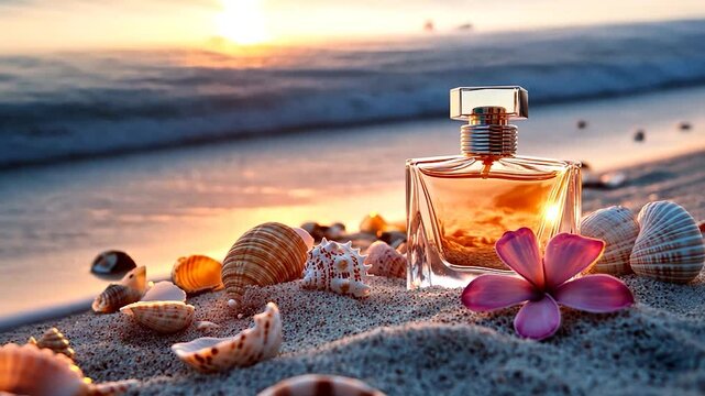 Perfume bottle on beach at sunset
