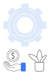 Large gear behind icons of a hand holding a coin and a potted plant symbolizing teamwork, financial planning, innovation, progress, business strategy, economic growth, and eco-friendly practices