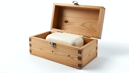A mockup of A wooden box with a white soap inside of it.