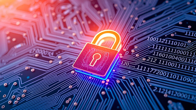 Cybersecurity concept represented by a glowing digital lock on an intricate electronic circuit board with binary code.