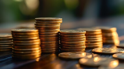 Golden coins stacked outdoors, sunset background, financial growth concept