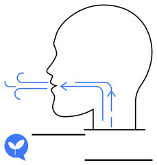 Side profile of a human head silhouette with airflow arrows indicating inhalation and exhalation. Ideal for anatomy, respiration, healthcare, education, medical research, science communication