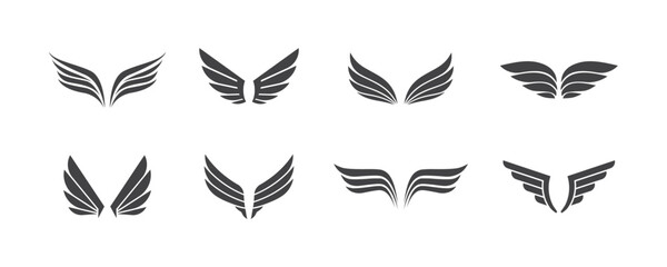 Set of black wings icons. Bird wings, wings logo, angel wings. Wing Collection in different shape isolated on white background