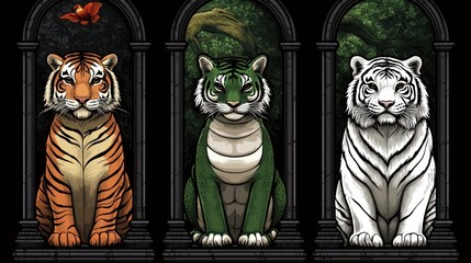 Majestic tigers in archways, showcasing orange, green, and white variations