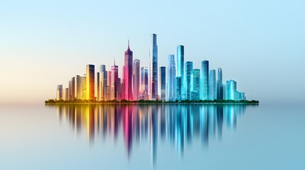 Obraz premium Colorful Futuristic Cityscape Reflection on Water Calm Urban Skyline