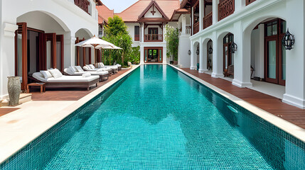 Long Turquoise Swimming Pool at a Colonial Style Resort