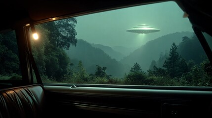 Naklejka premium Mysterious UFO Over Mountainous Landscape at Night from Car Window